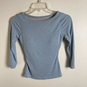 OGL Blue Ribbed 3/4 Sleeve Top Built-in Shelf Bra XS Boat Neck Slim Fit Classic